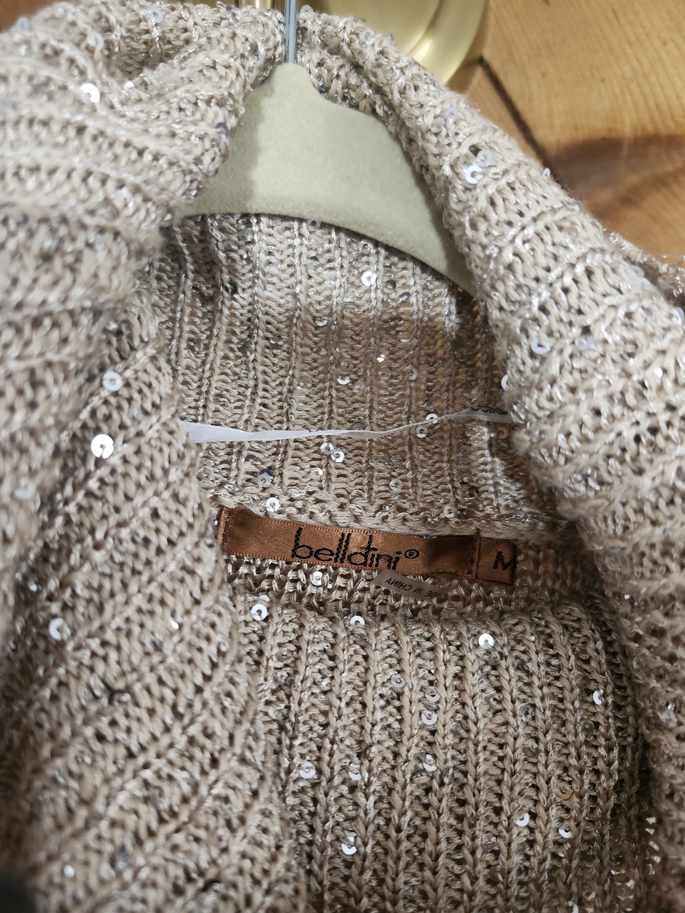 Bellatini Sequin Cowl Neck Sweater | Taupe Colorblock Knit | Quiet Luxury | M - Picture 3 of 4